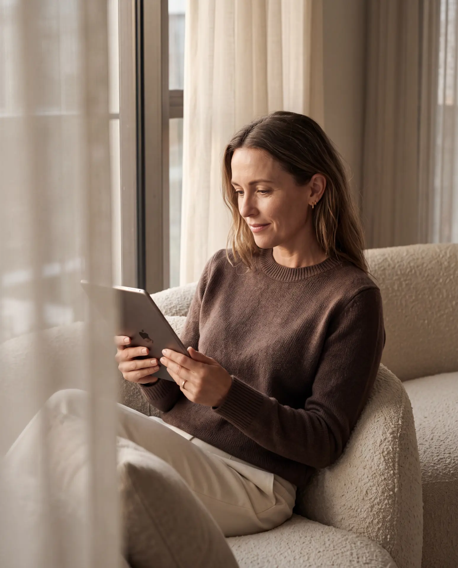 A woman curled in an armchair reading on a tablet