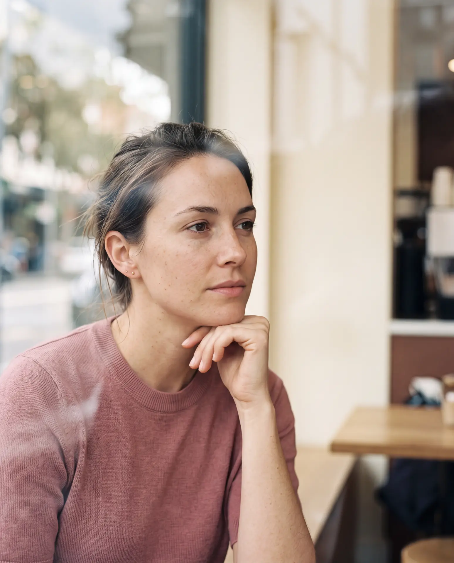 A woman at a cafe window, chin on her hand, thinking